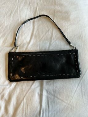 BCBG Black Leather Wristlet Clutch with Contrast Stitching